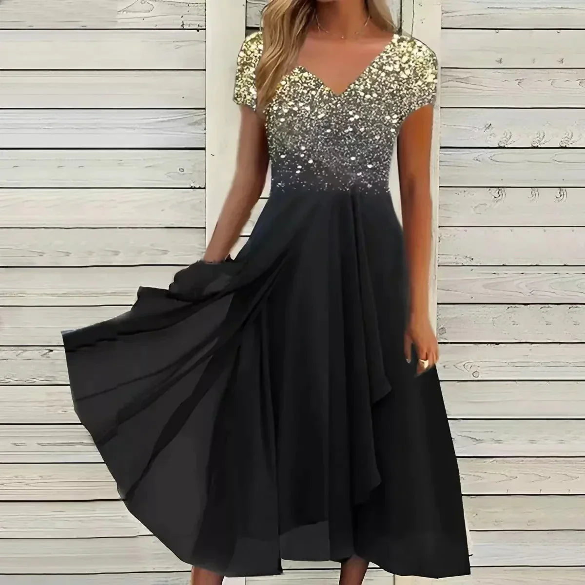 A woman wearing the Sienna Women's Sparkling Evening Dress, featuring a dazzling, sparkling bodice and a flowing midi-length skirt. This elegant dress is designed for formal events and special occasions, offering a graceful and glamorous look.