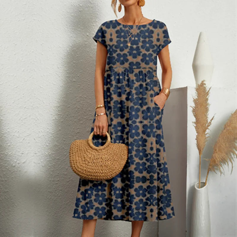 Elegant Cotton Linen Floral Dress