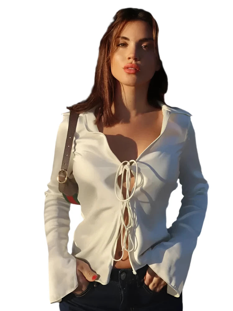 Traluna Women's Elegant Satin Lapel Blouse