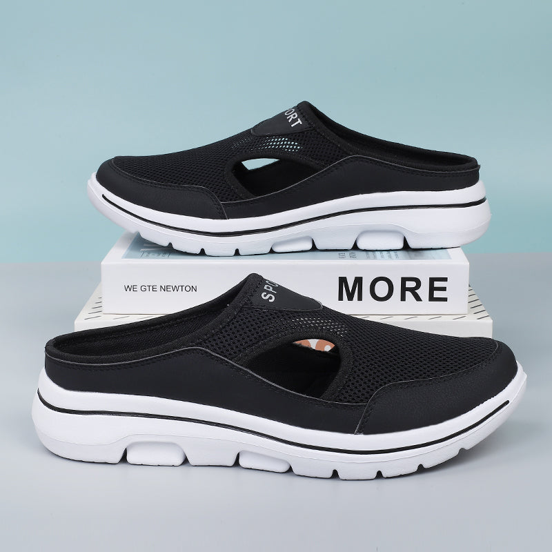 Image showing women's sporty sneakers with a breathable mesh design, featuring an open-toe and slip-on style, perfect for casual wear or active lifestyles.