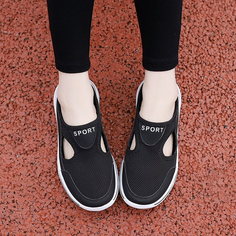 Image showing women's sporty sneakers with a breathable mesh design, featuring an open-toe and slip-on style, perfect for casual wear or active lifestyles.