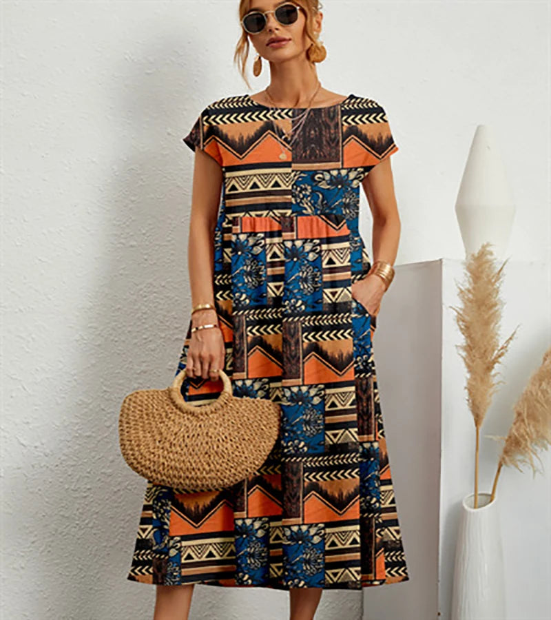 Elegant Cotton Linen Floral Dress