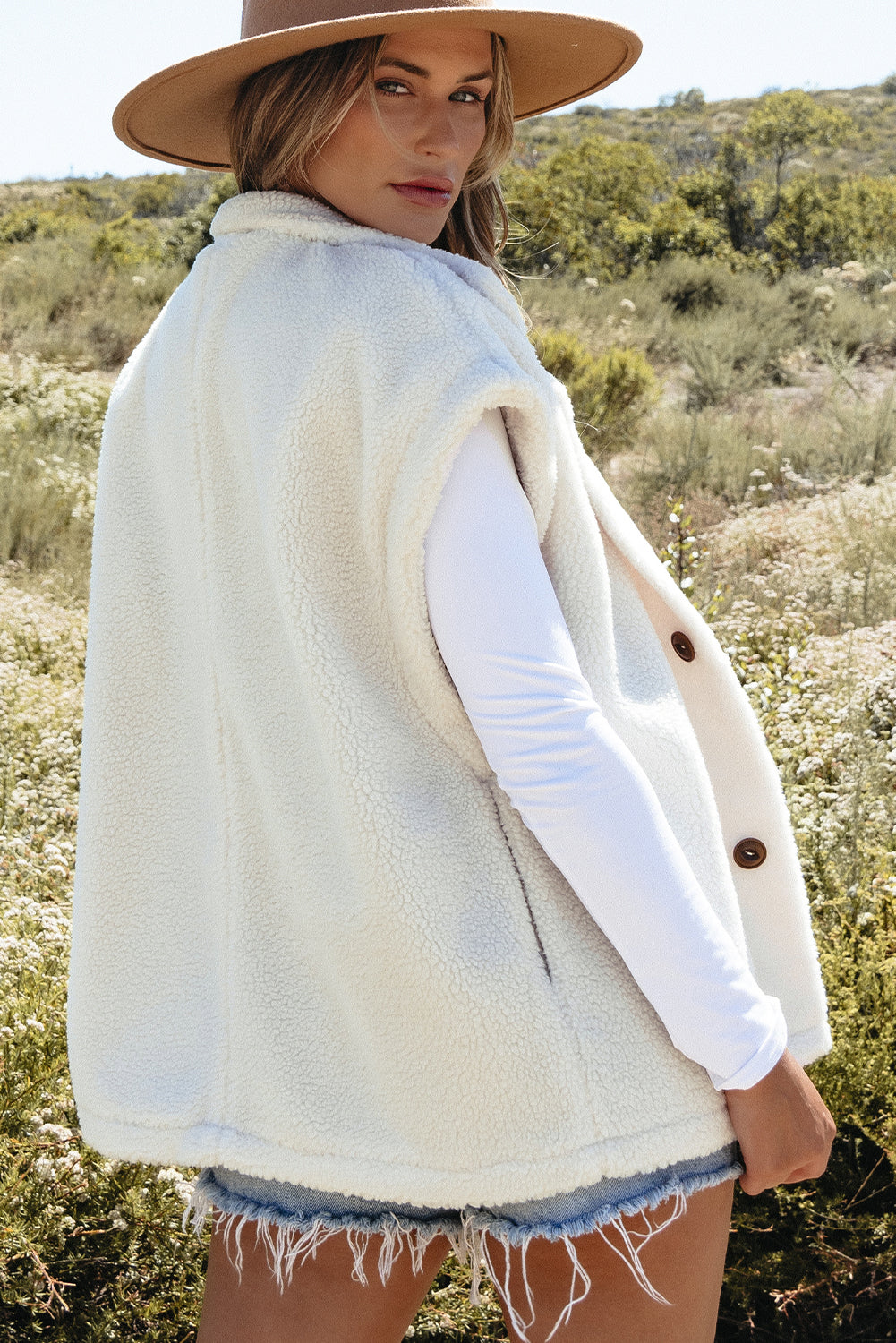 Cozy Sleeveless Sherpa Cape with Button Closure