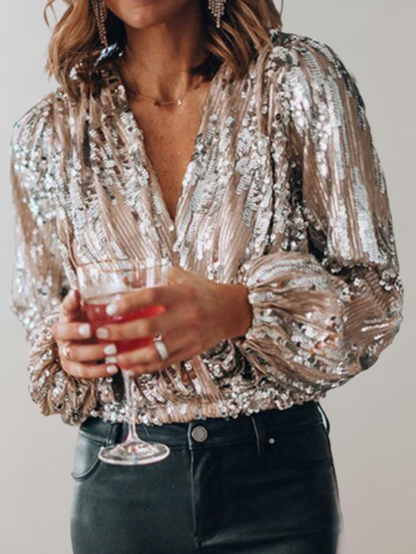 Cole - Elegant Glitter Top wirh V-neck and puff sleeve