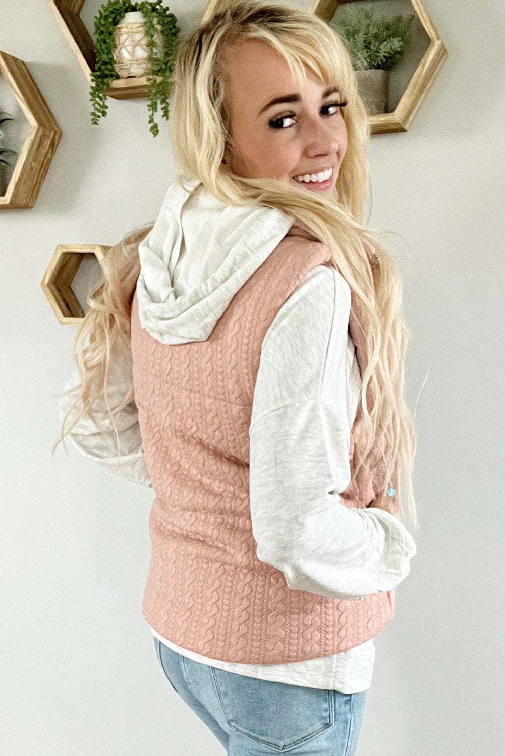 Knit-Pattern Quilted Zip-Up Vest with Stand Collar