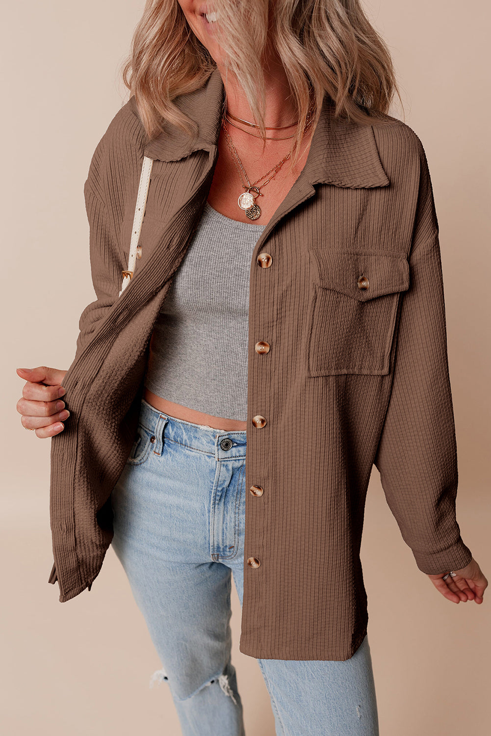Casual Waffle - Knit Button Up Shacket