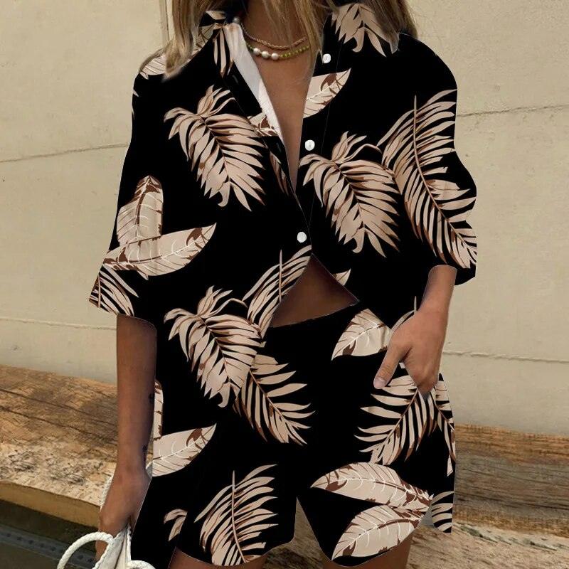 Stylish women's outfit set featuring a button-up top with an elegant leaf pattern and matching shorts, designed for a relaxed and fashionable fit, perfect for casual and summer wear.