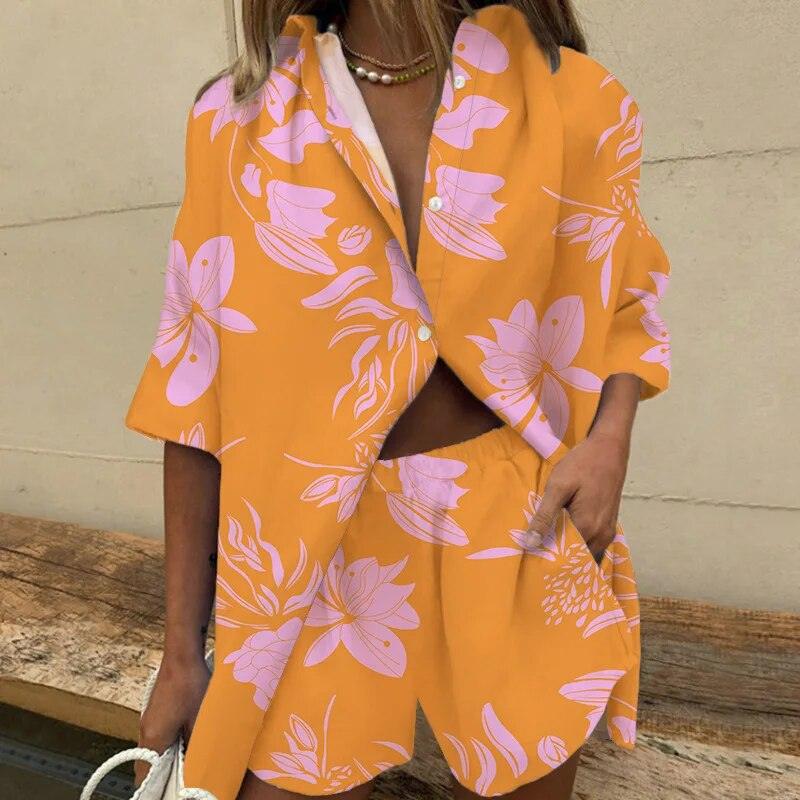 Stylish women's outfit set featuring a button-up top with an elegant leaf pattern and matching shorts, designed for a relaxed and fashionable fit, perfect for casual and summer wear.