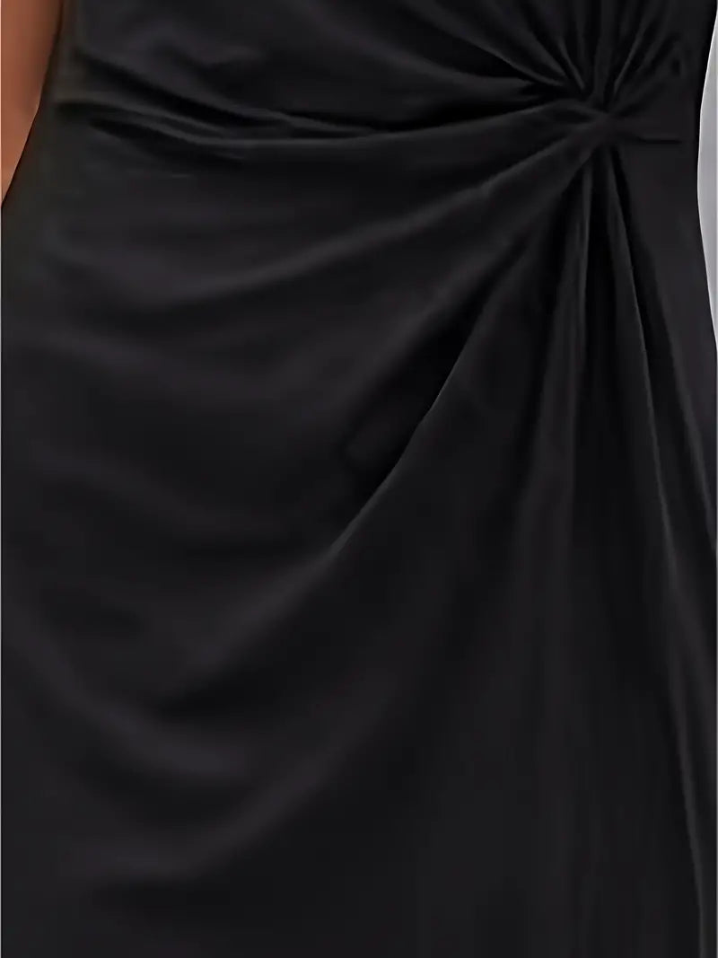 A woman wearing an elegant dress with a flattering ruched design, perfect for both casual outings and formal events. The dress highlights a sophisticated and stylish silhouette, paired with a clutch for a polished look.