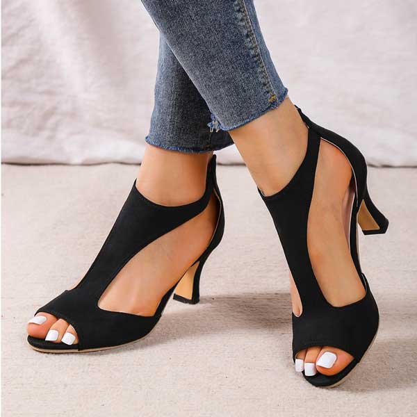 Image showing women's open-toe heels with a sleek, cut-out design and a comfortable heel, perfect for adding elegance and style to any outfit.