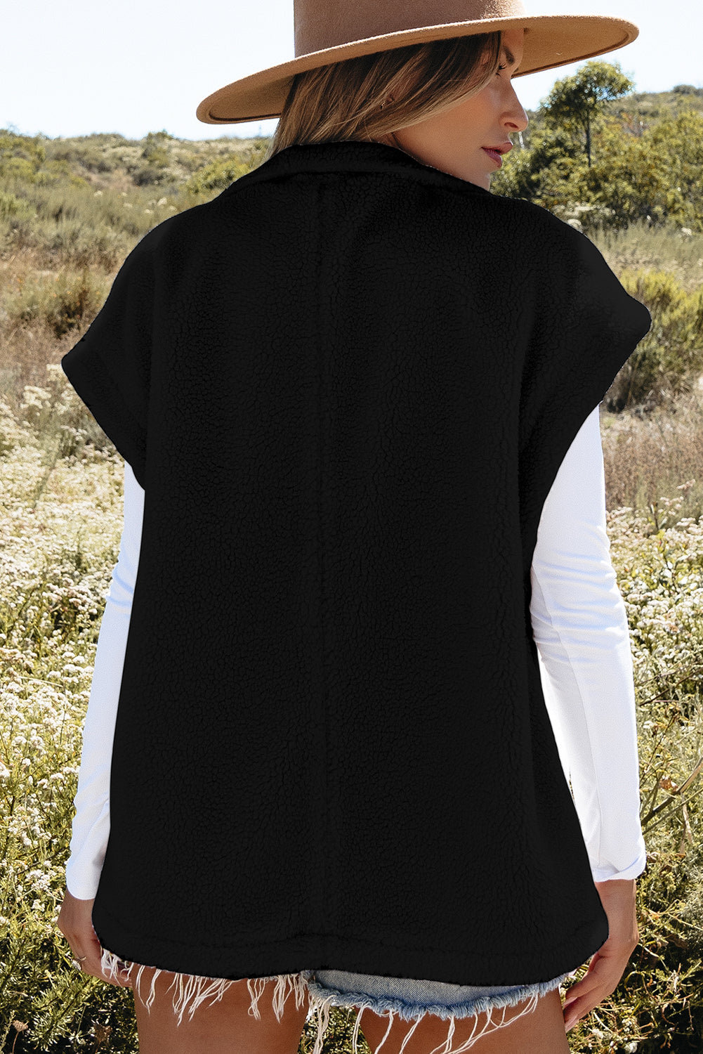Cozy Sleeveless Sherpa Cape with Button Closure