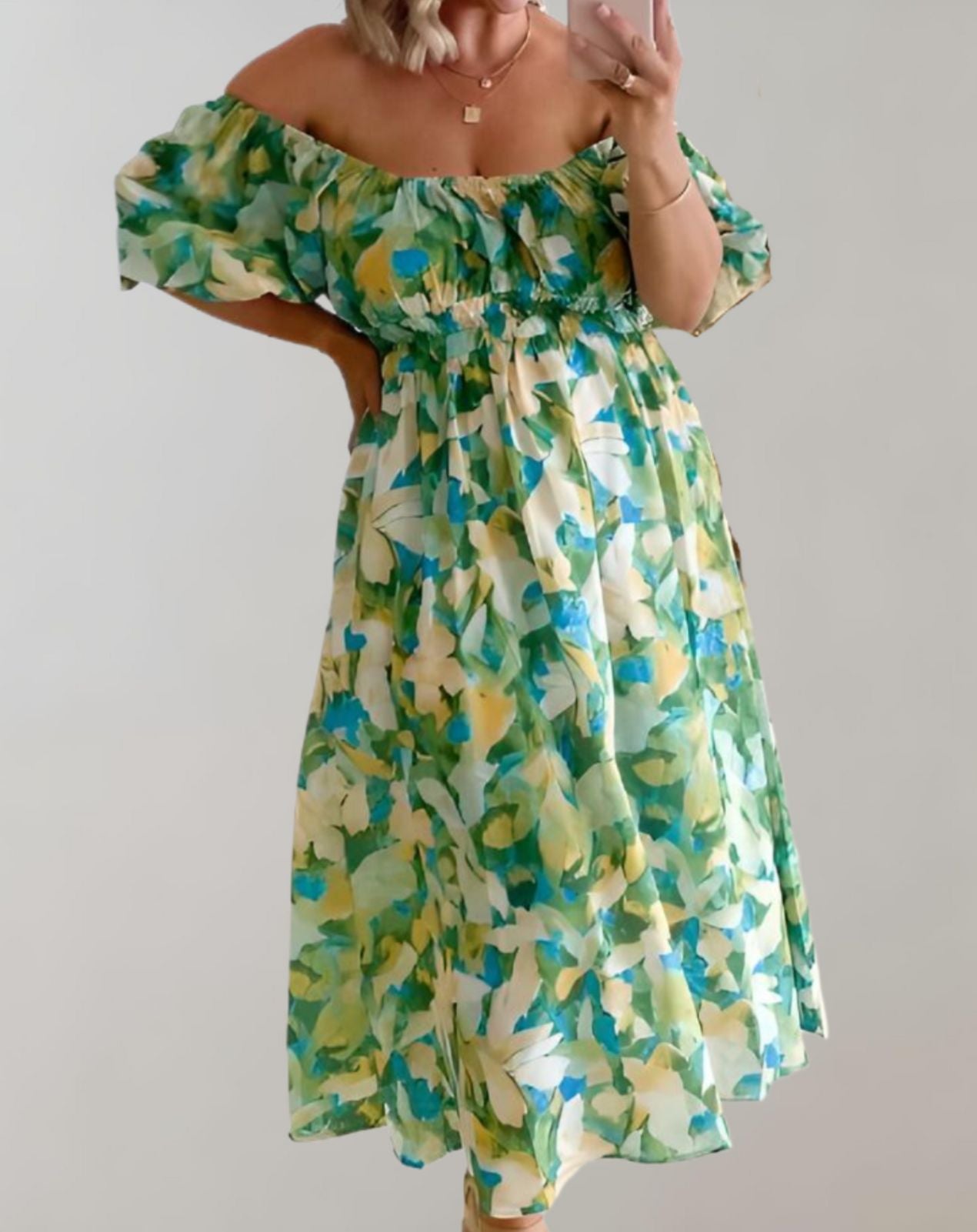 Freya - Floral U-neck dress with short puff sleeve