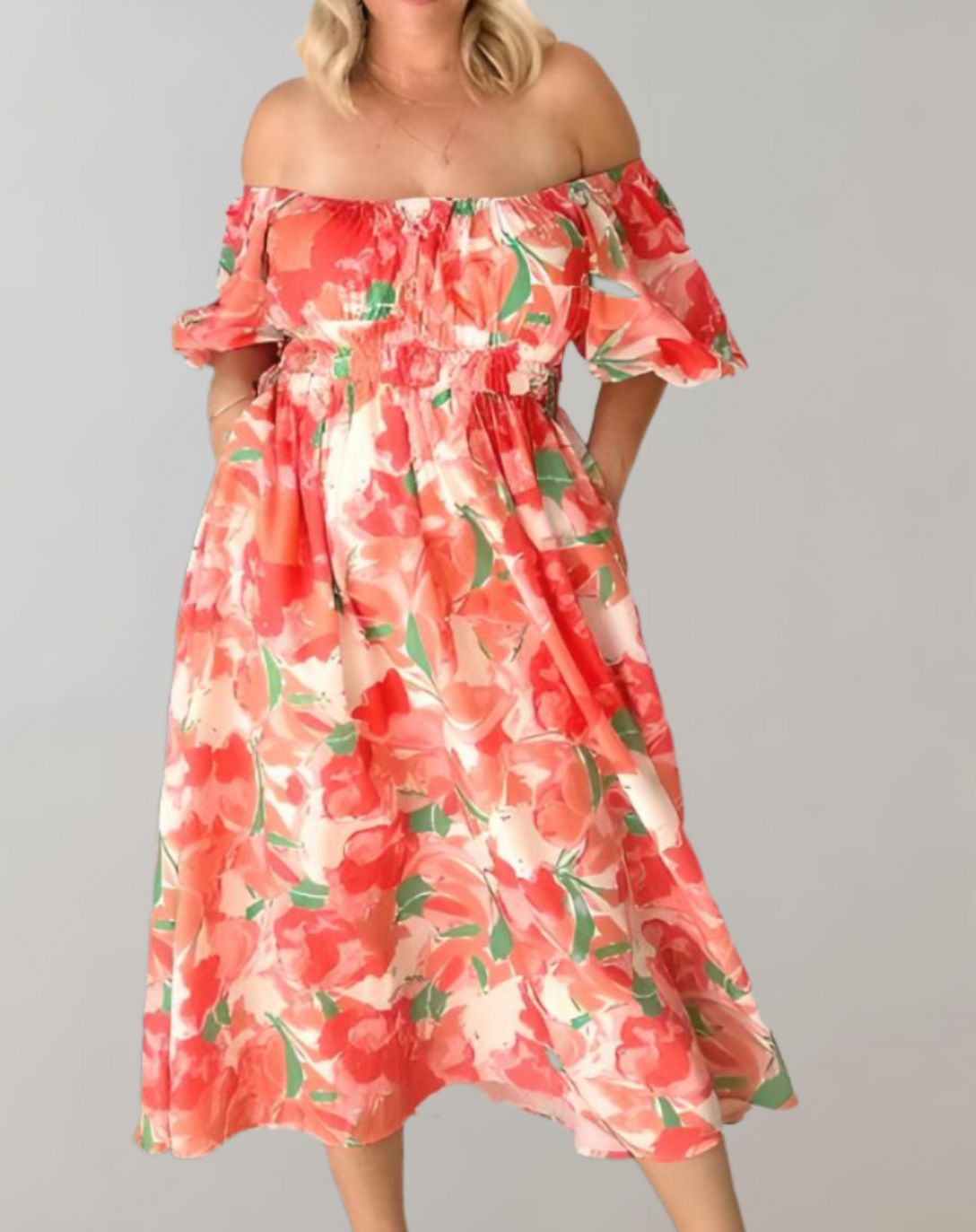 Freya - Floral U-neck dress with short puff sleeve