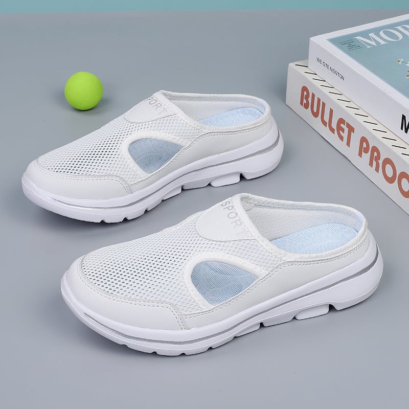 Image showing women's sporty sneakers with a breathable mesh design, featuring an open-toe and slip-on style, perfect for casual wear or active lifestyles.