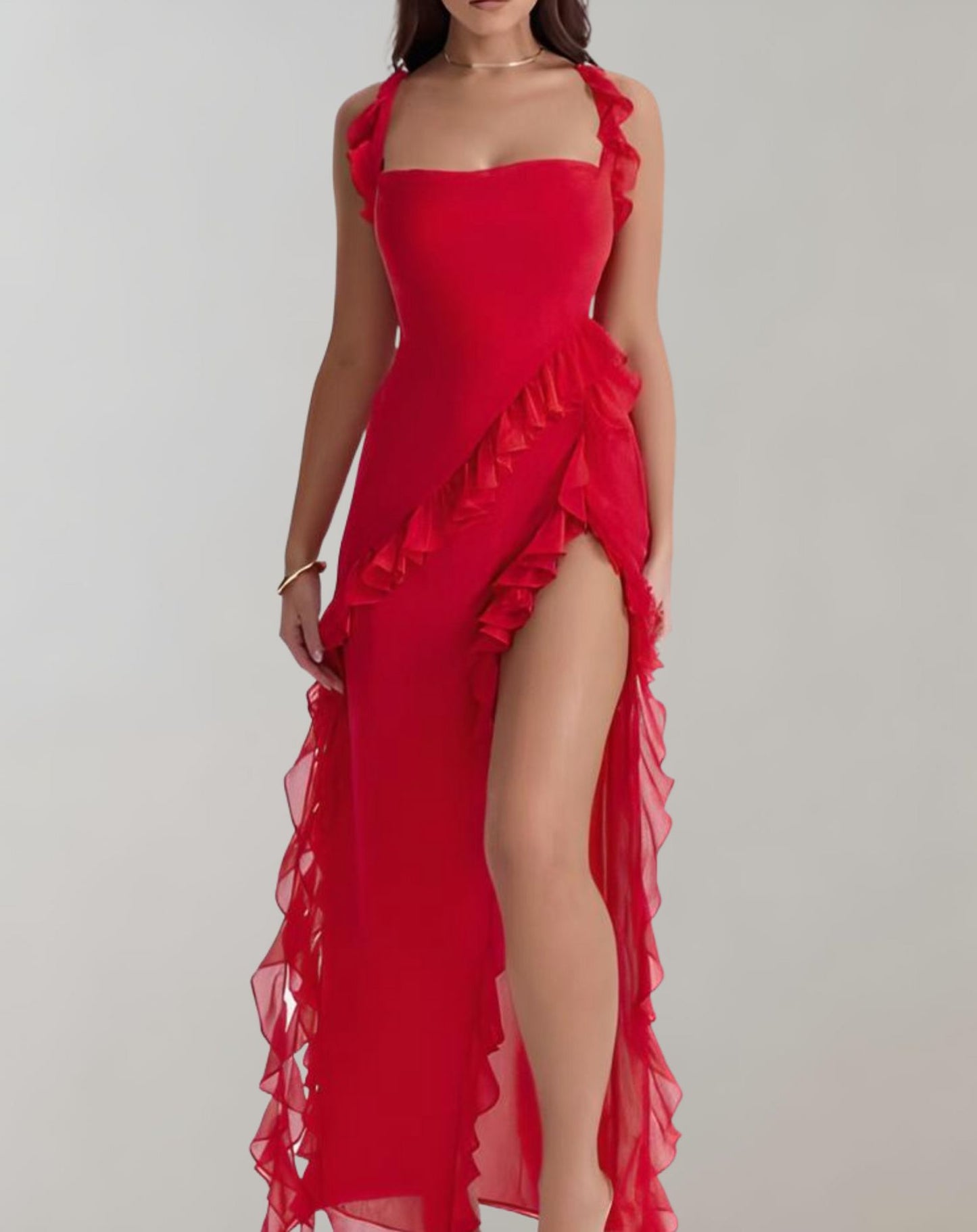 Luna - Sleeveless evening dress with high slit and ruffle elegance