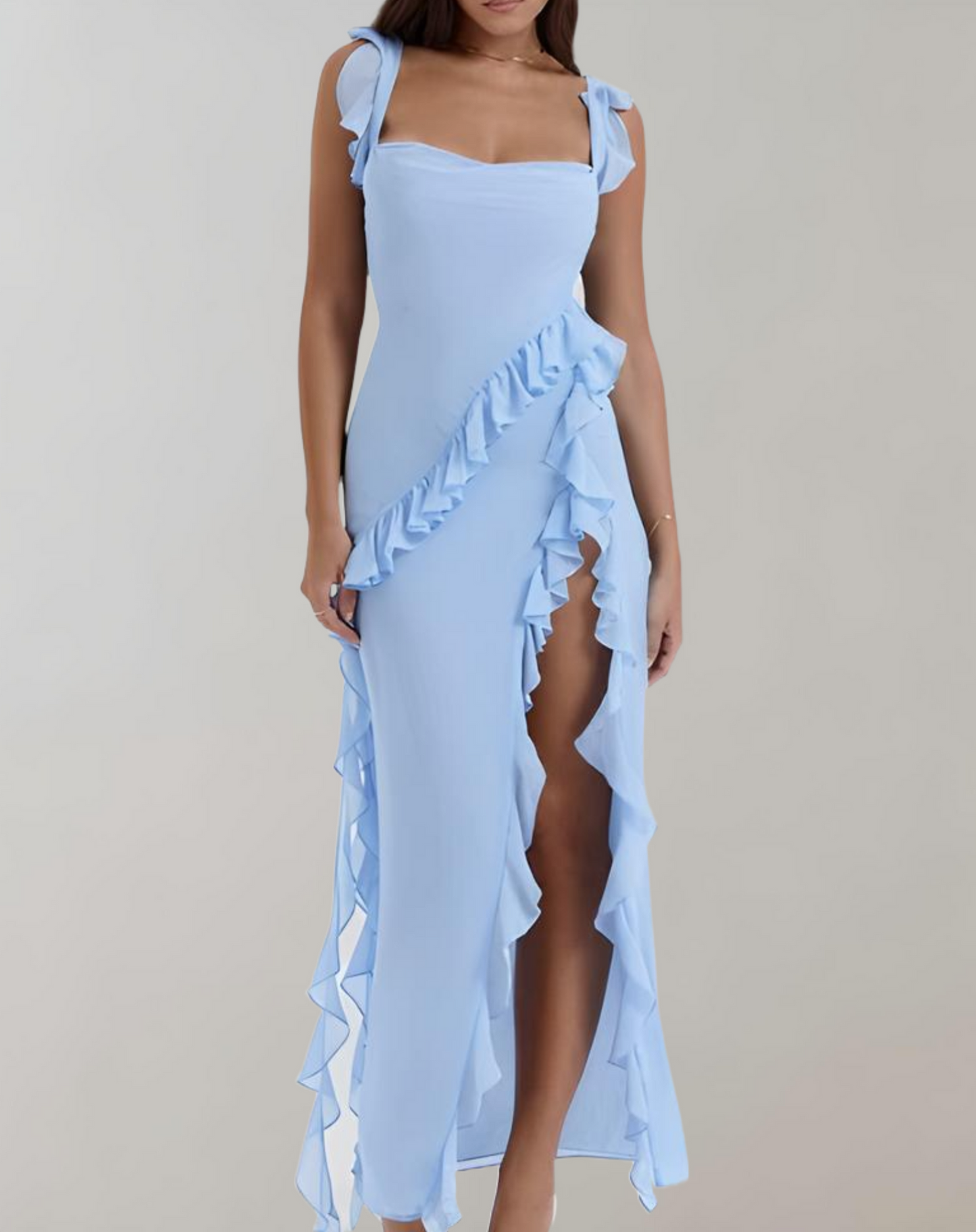 Luna - Sleeveless evening dress with high slit and ruffle elegance