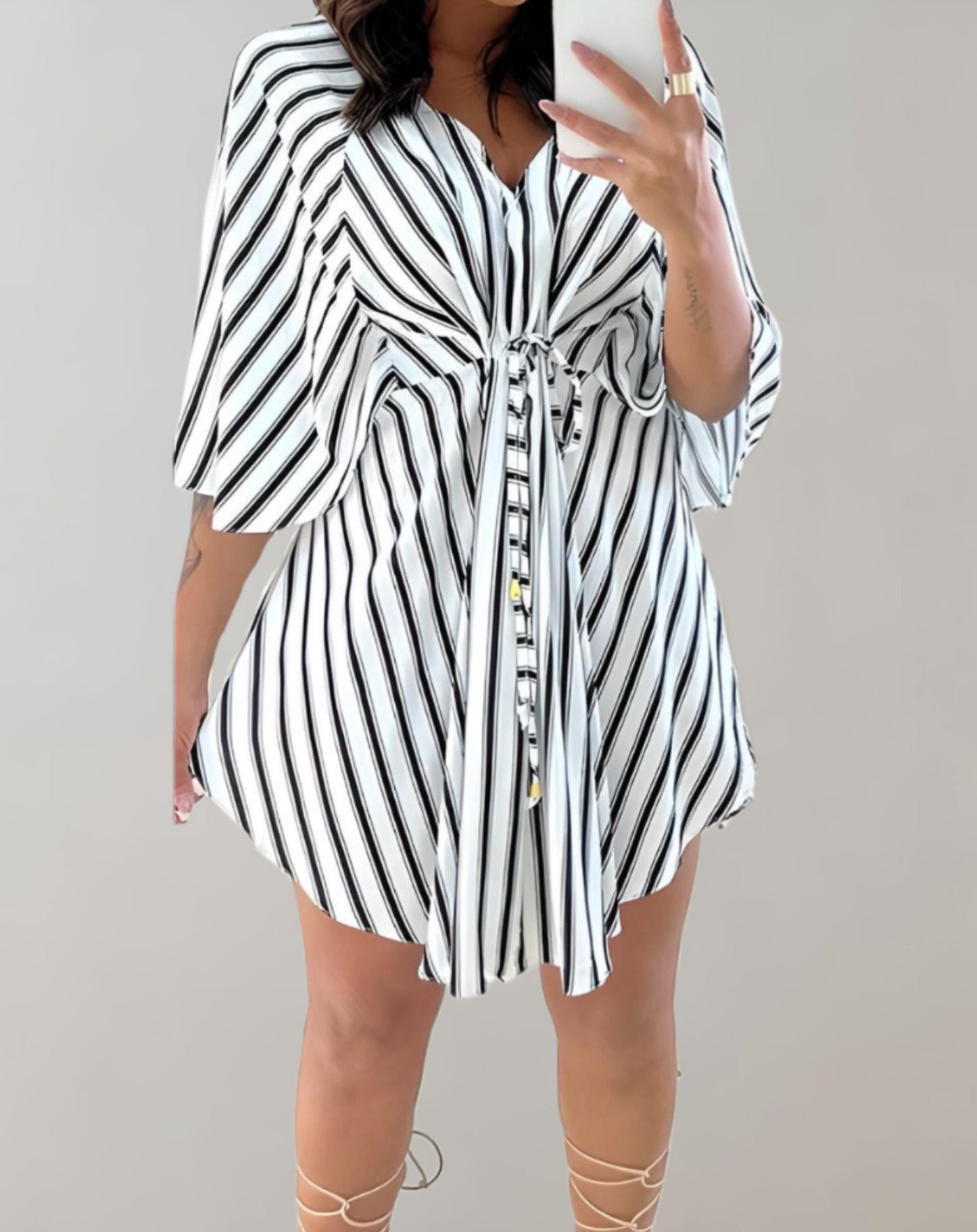 Briana - Striped Mini Dress with Batwing Sleeves and V-Neck