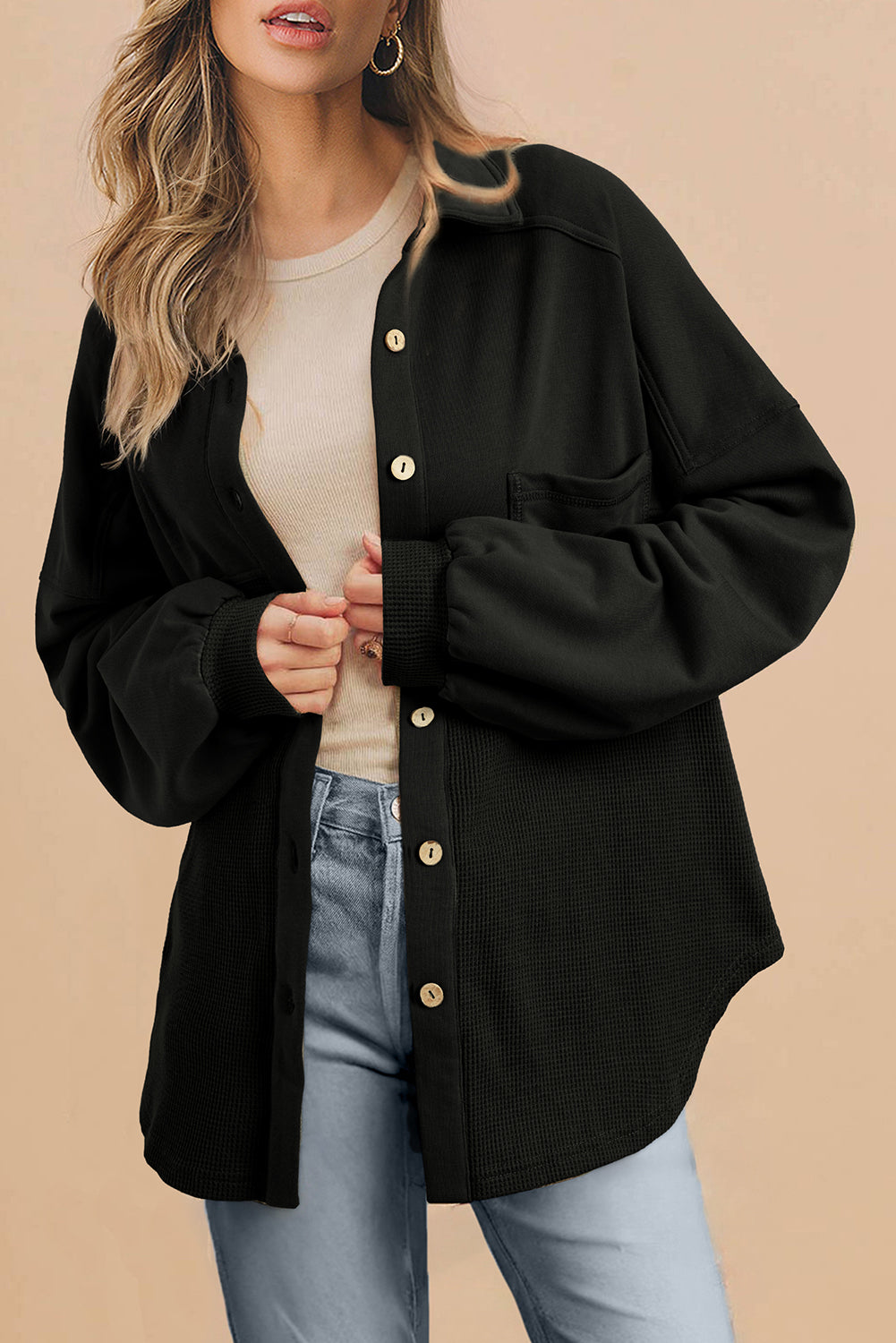Waffle Knit Patchwork Buttoned Oversized jacket