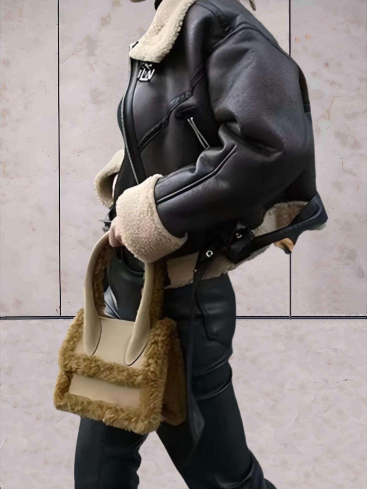 Raven - Warm Leather Jacket with Fleece Details