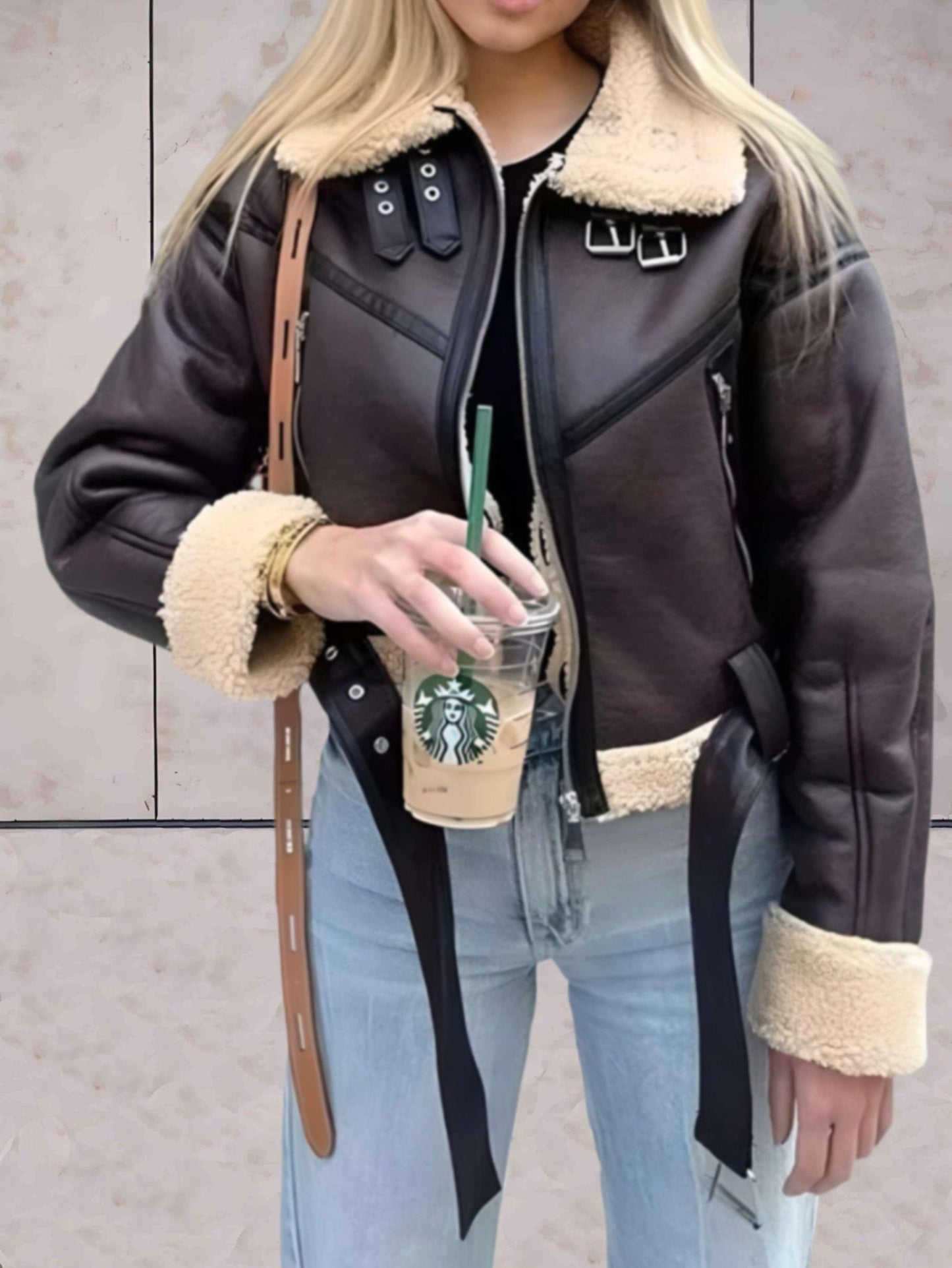 Raven - Warm Leather Jacket with Fleece Details