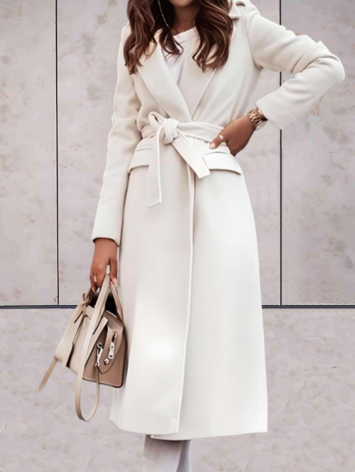 Caroline - Long Elegant Belted Coat with Notched Collar