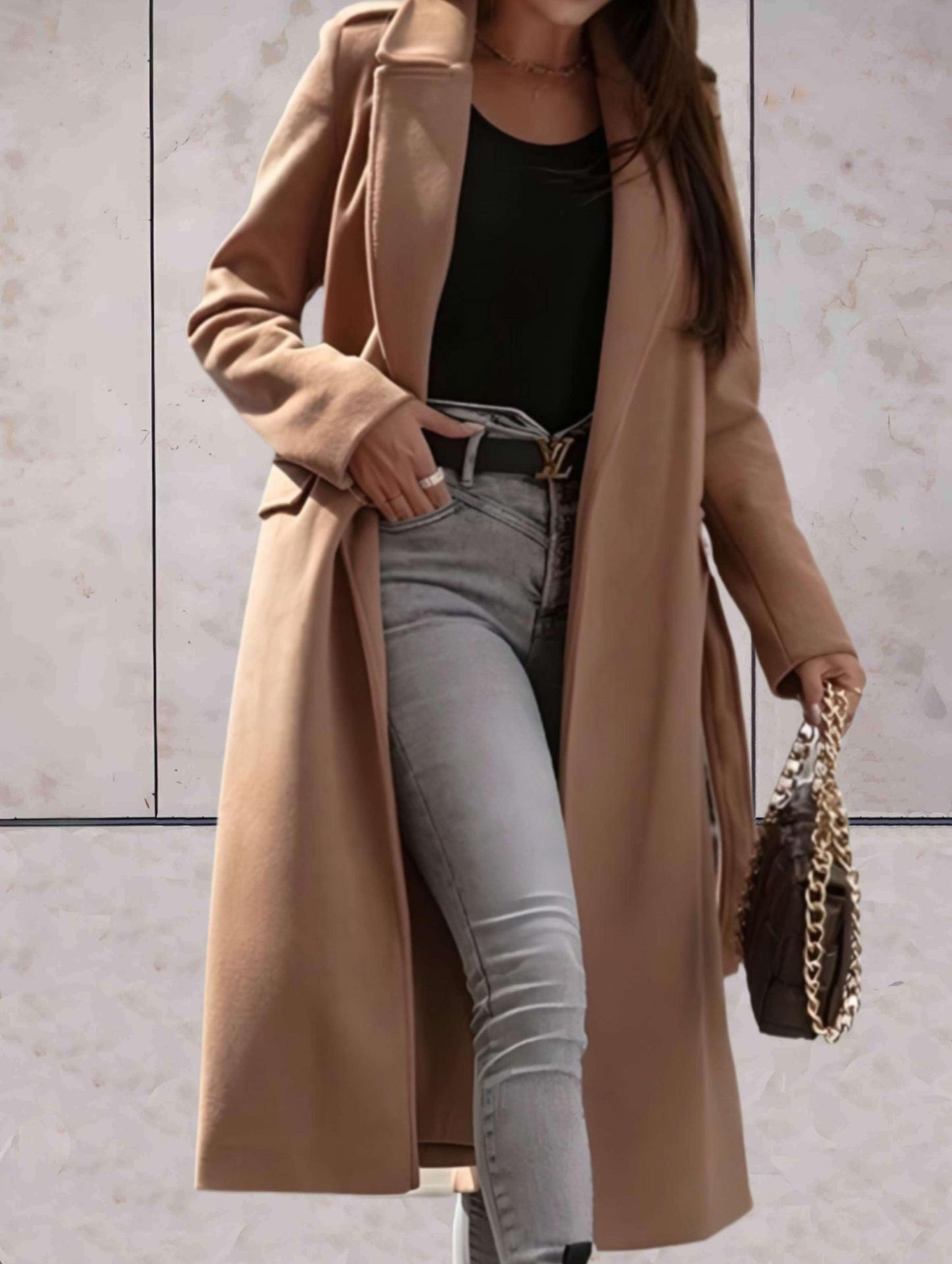 Caroline - Long Elegant Belted Coat with Notched Collar