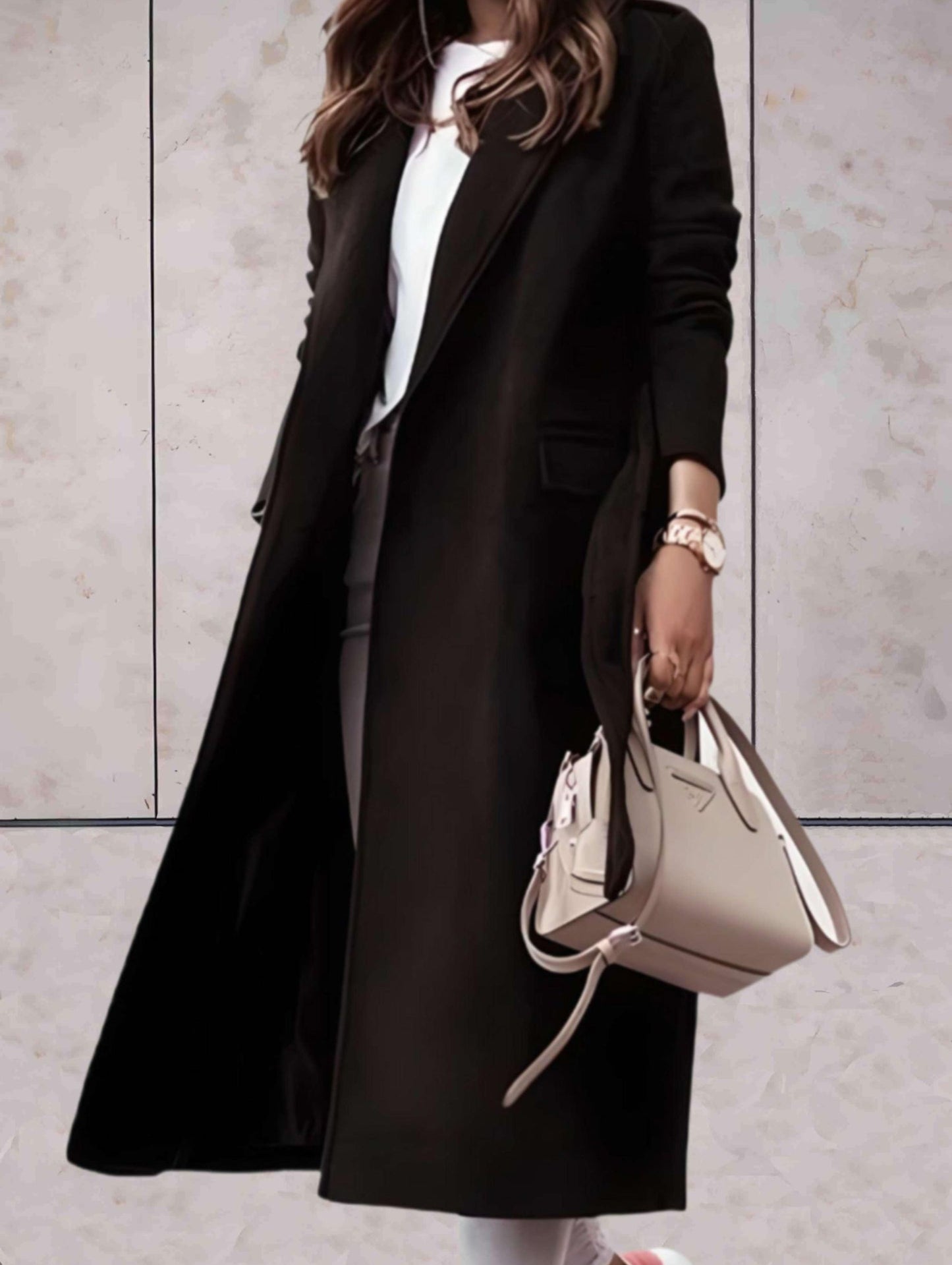 Caroline - Long Elegant Belted Coat with Notched Collar