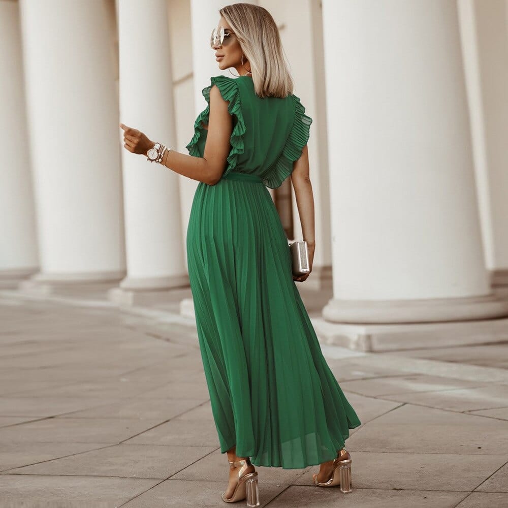 Sleeveless pleated maxi dress with a belted waist and v-neckline, featuring detailed ruffles on the shoulders and a flowy silhouette, perfect for elegant occasions.