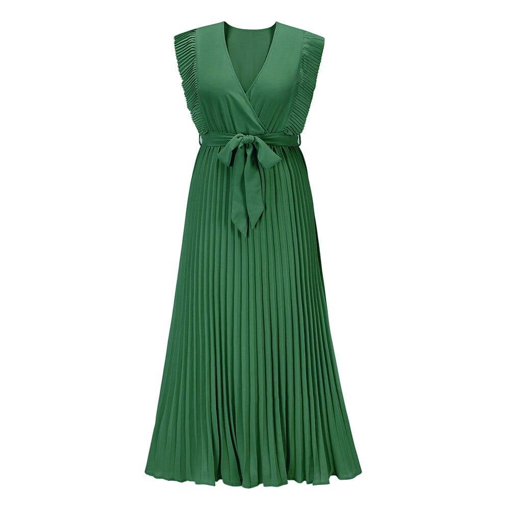 Sleeveless pleated maxi dress with a belted waist and v-neckline, featuring detailed ruffles on the shoulders and a flowy silhouette, perfect for elegant occasions.