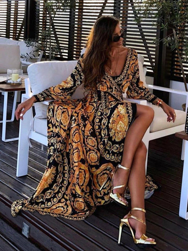 Model wearing the Nina | Women's Bohemian Wrap Dress | Bold Print Dress, featuring a flowing wrap design with intricate patterns and long sleeves, perfect for a bold, stylish look.