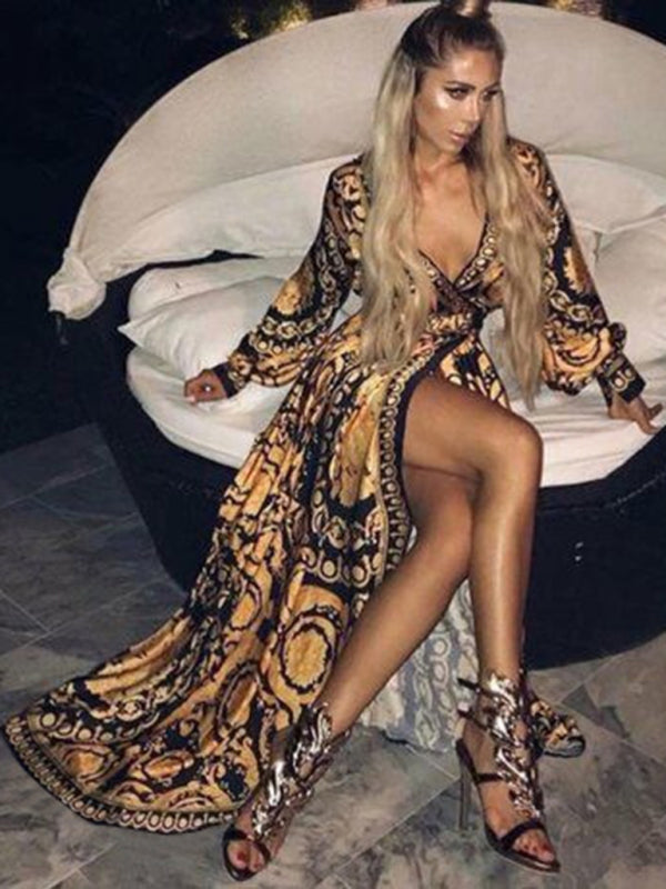 Model wearing the Nina | Women's Bohemian Wrap Dress | Bold Print Dress, featuring a flowing wrap design with intricate patterns and long sleeves, perfect for a bold, stylish look.