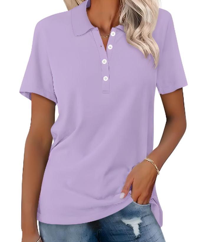 Image showing a stylish women's polo shirt with a classic design, short sleeves, and buttoned collar, paired with casual denim jeans for a chic everyday look.