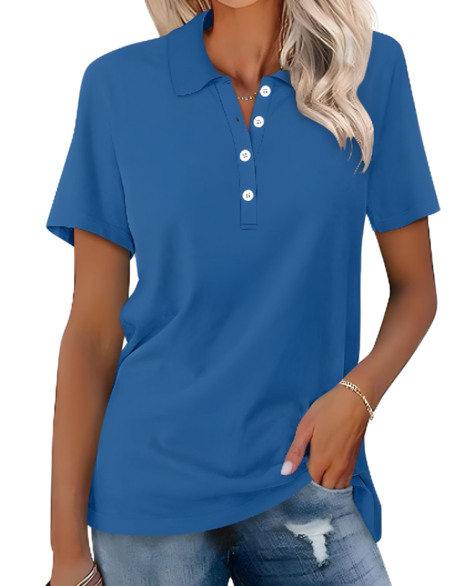 Image showing a stylish women's polo shirt with a classic design, short sleeves, and buttoned collar, paired with casual denim jeans for a chic everyday look.