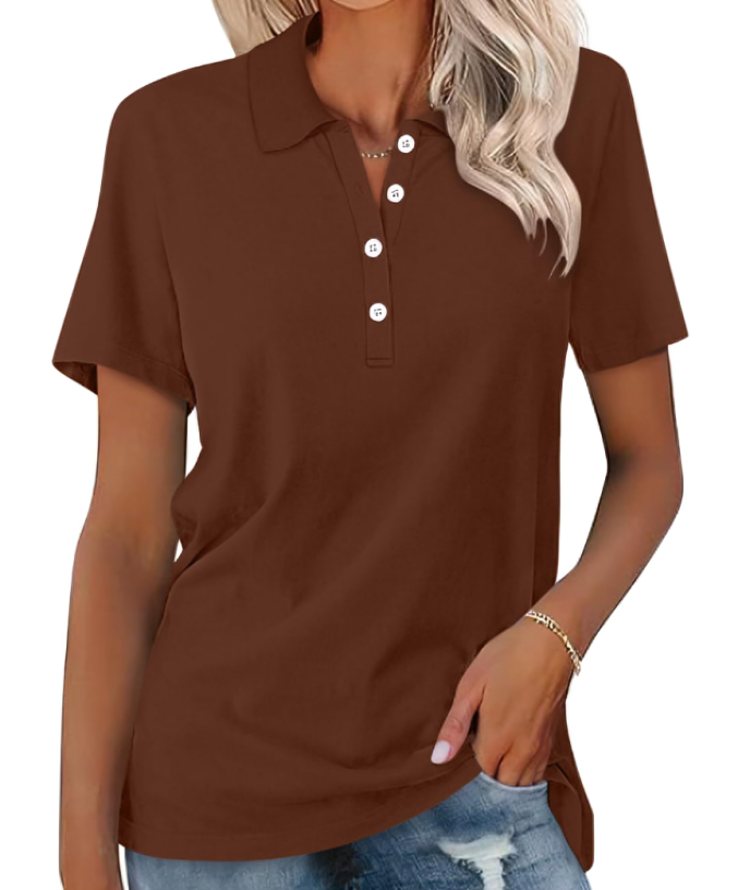 Image showing a stylish women's polo shirt with a classic design, short sleeves, and buttoned collar, paired with casual denim jeans for a chic everyday look.