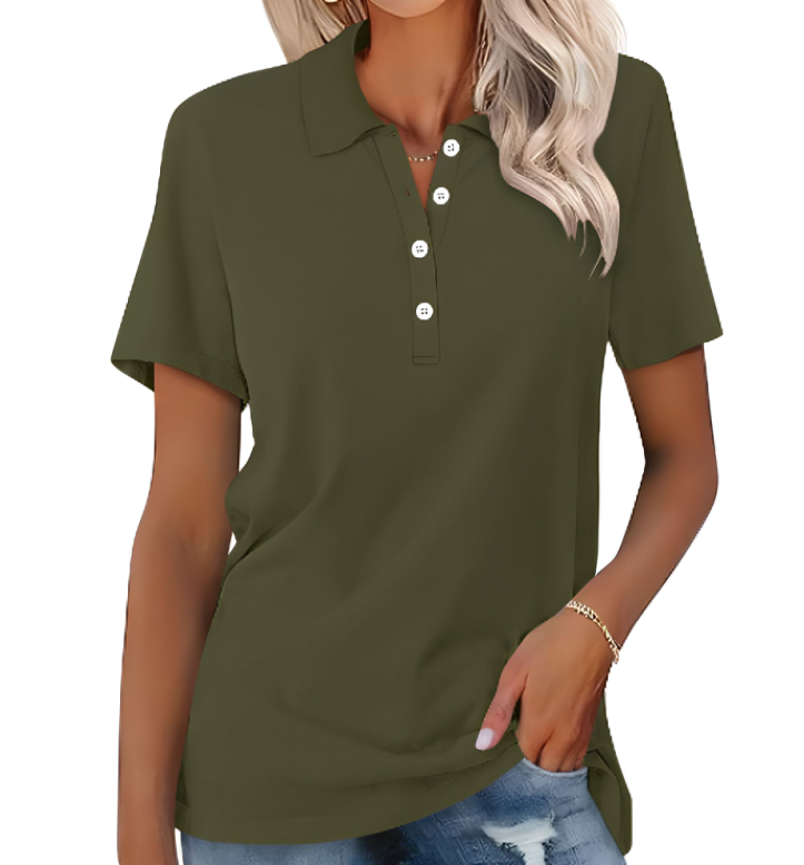 Image showing a stylish women's polo shirt with a classic design, short sleeves, and buttoned collar, paired with casual denim jeans for a chic everyday look.