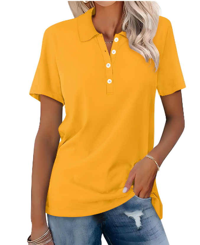 Image showing a stylish women's polo shirt with a classic design, short sleeves, and buttoned collar, paired with casual denim jeans for a chic everyday look.