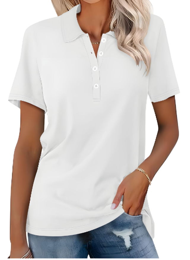 Image showing a stylish women's polo shirt with a classic design, short sleeves, and buttoned collar, paired with casual denim jeans for a chic everyday look.