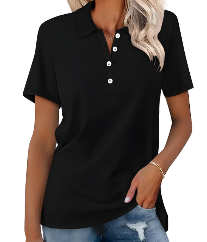 Image showing a stylish women's polo shirt with a classic design, short sleeves, and buttoned collar, paired with casual denim jeans for a chic everyday look.