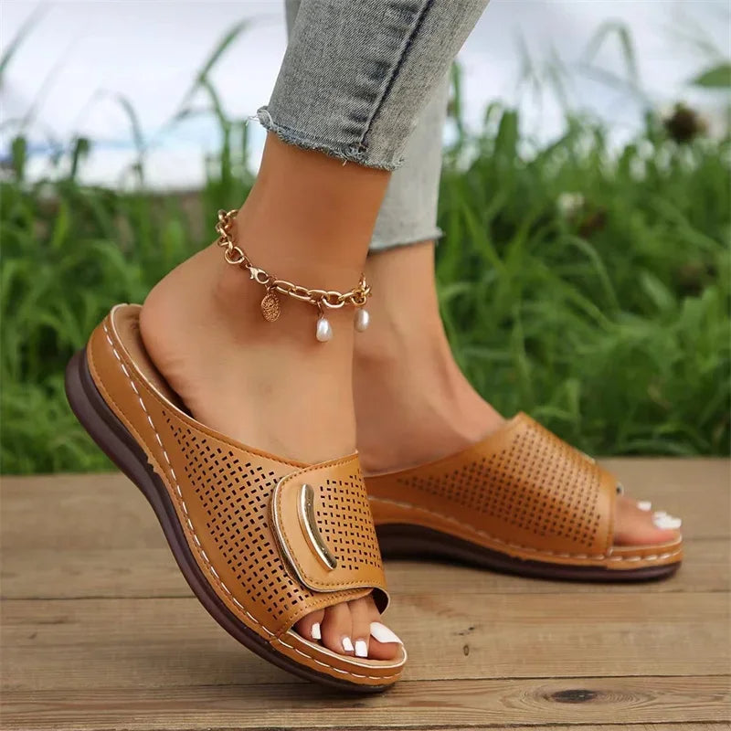 Zavanova - Brown Wedge Orthopedic Sandals for Women