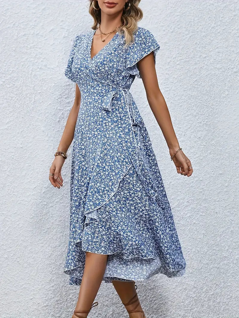 Model wearing the Lily | Flowy Wrap Midi Dress, featuring a flattering wrap design with flutter sleeves and a midi length. Perfect for casual outings and summer events, this dress offers a light, breezy, and feminine look.