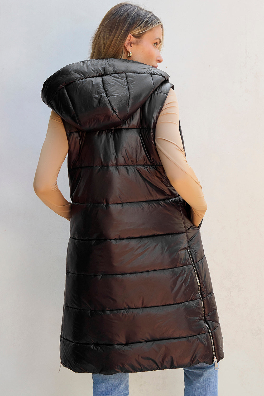 Lily - Long Puffer Vest with Hood