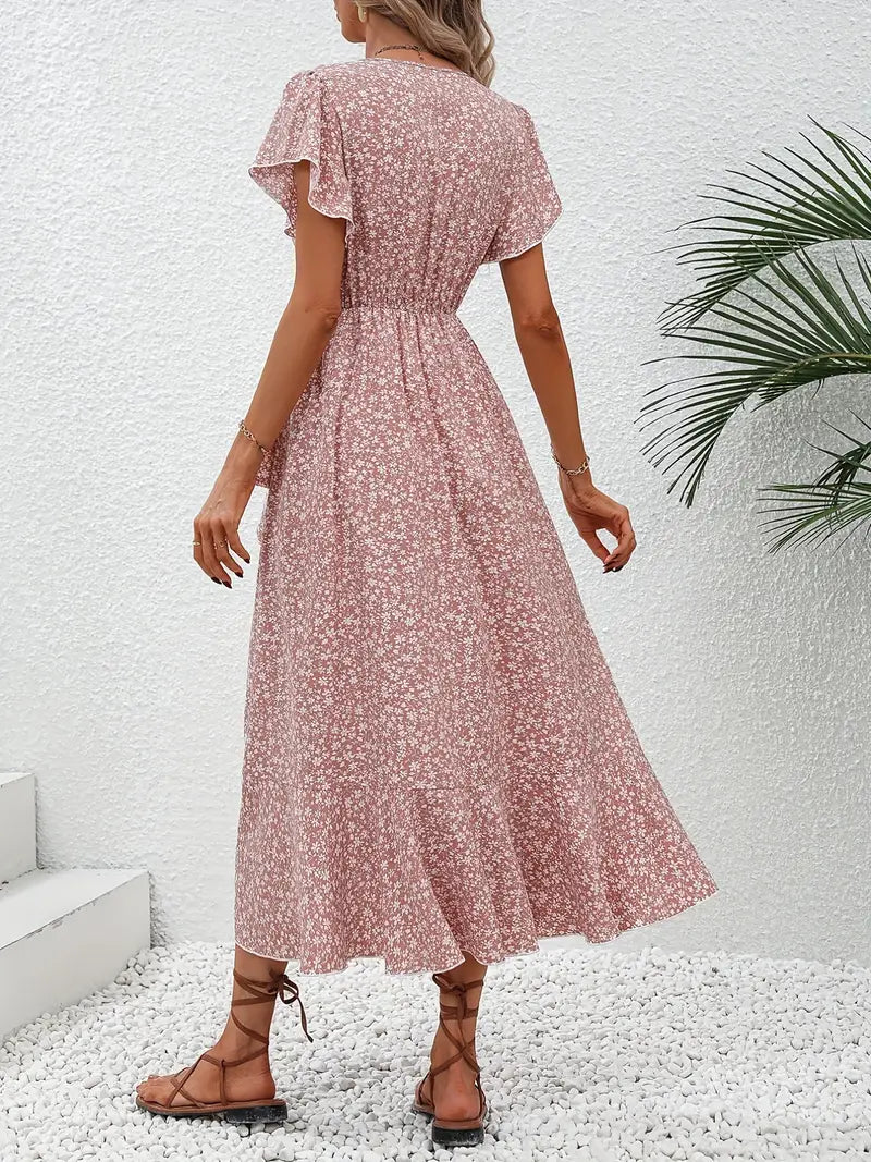 Model wearing the Lily | Flowy Wrap Midi Dress, featuring a flattering wrap design with flutter sleeves and a midi length. Perfect for casual outings and summer events, this dress offers a light, breezy, and feminine look.