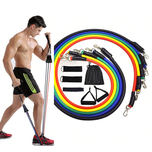 Resistance bands set with handles, ankle straps, and a travel bag, designed for versatile full-body workouts and strength training at home or on the go.