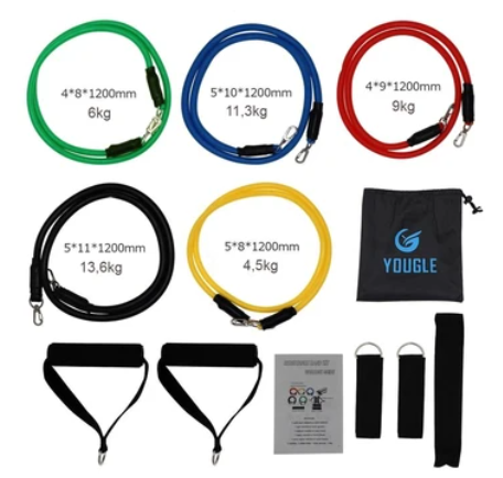 Resistance bands set with handles, ankle straps, and a travel bag, designed for versatile full-body workouts and strength training at home or on the go.