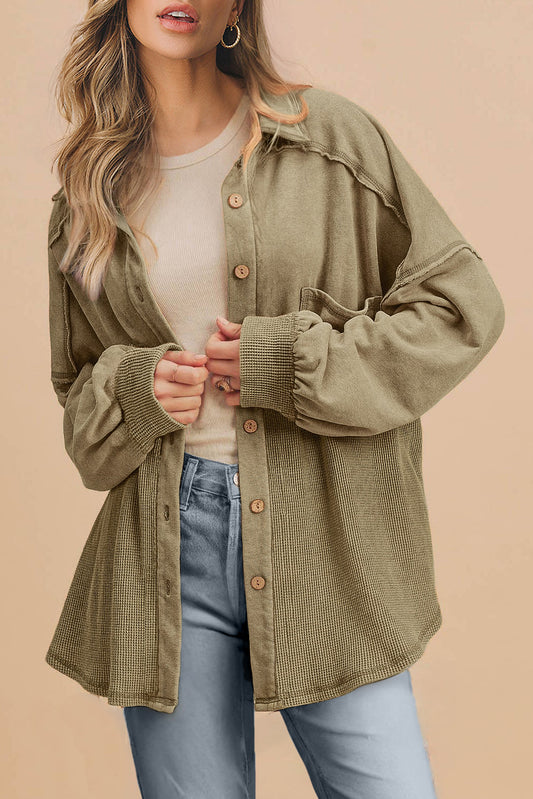 Waffle Knit Patchwork Buttoned Oversized jacket