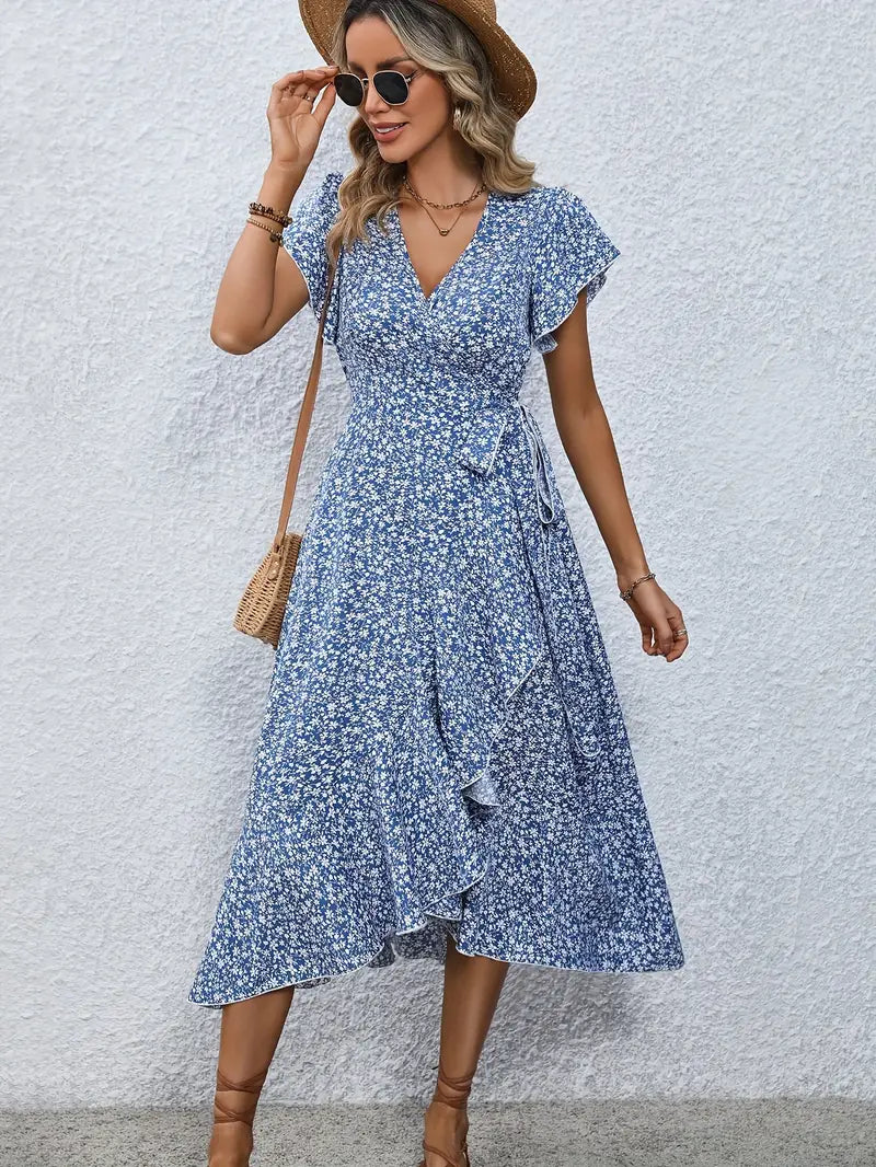 Model wearing the Lily | Flowy Wrap Midi Dress, featuring a flattering wrap design with flutter sleeves and a midi length. Perfect for casual outings and summer events, this dress offers a light, breezy, and feminine look.