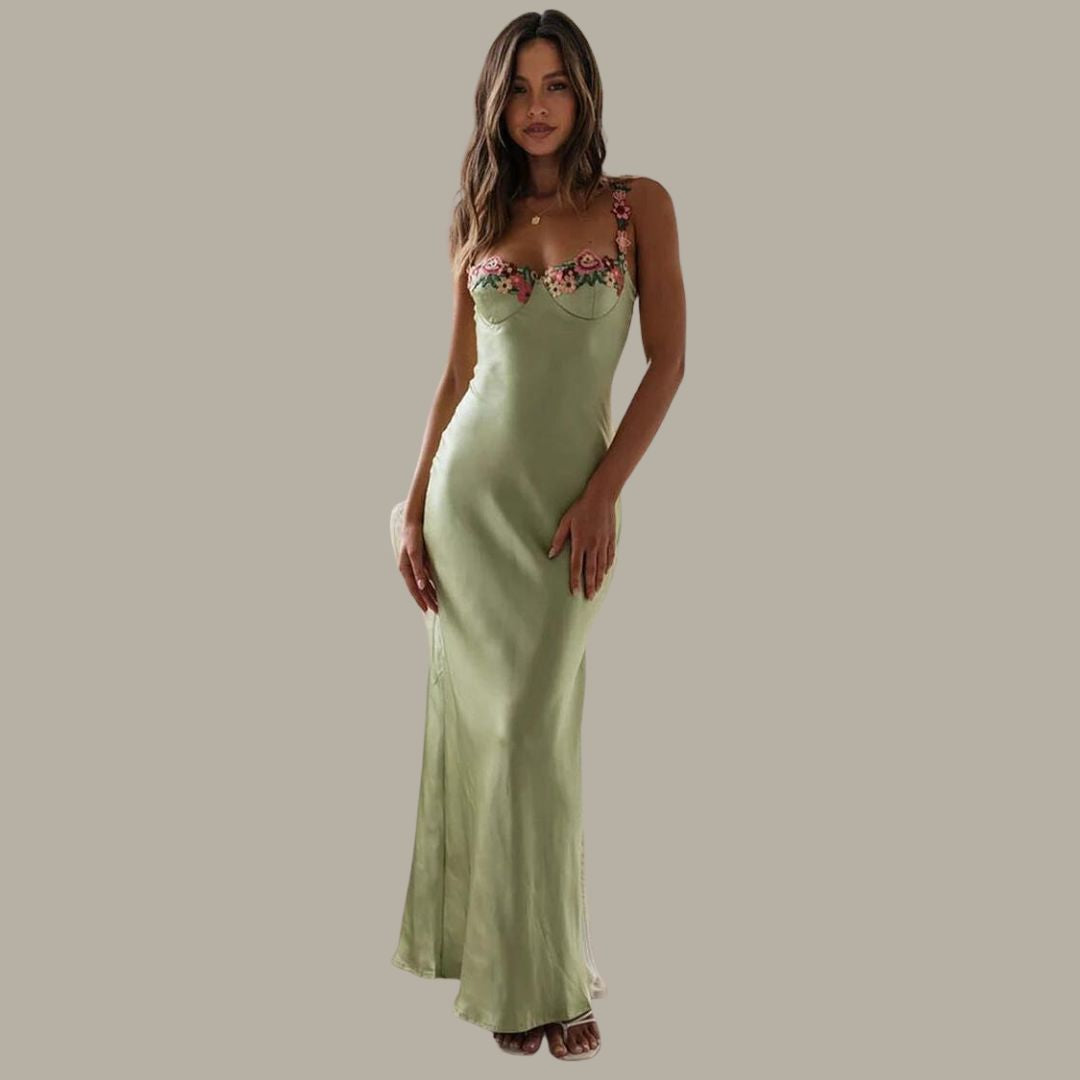 Model wearing the Maya Women's Embroidered Strap Dress, featuring intricate embroidery on the straps and a form-fitting, elegant silhouette, perfect for special occasions and sophisticated styling.