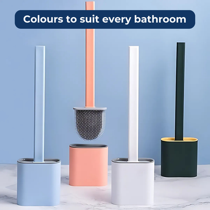 Compact brush with a sleek, modern design featuring a long handle and a matching base, ideal for home cleaning and saving space.