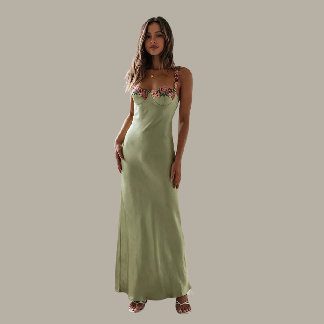Model wearing the Maya Women's Embroidered Strap Dress, featuring intricate embroidery on the straps and a form-fitting, elegant silhouette, perfect for special occasions and sophisticated styling.