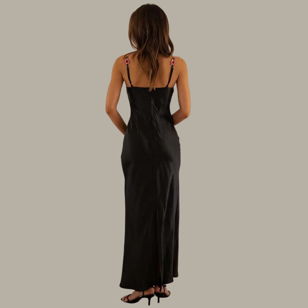 Model wearing the Maya Women's Embroidered Strap Dress, featuring intricate embroidery on the straps and a form-fitting, elegant silhouette, perfect for special occasions and sophisticated styling.